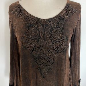 T Party long sleeve stretchy shirt brown /black with embellishments.